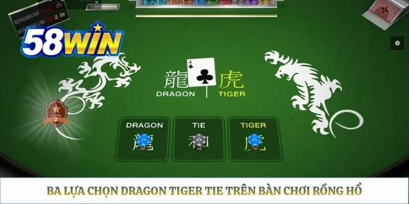 Rồng Hổ 58WIN - Luật Chơi, Cách Tính Điểm Và Trình Tự Ván Ba lựa chọn dragon tiger tie trên bàn chơi Rồng hổ