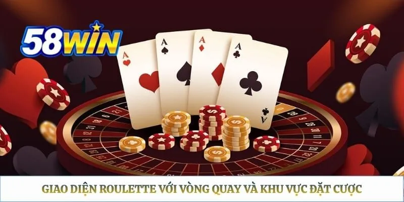 Roulette 58WIN - Hướng Dẫn Quy Tắc Và Các Cửa Đặt Cược Giao diện roulette với vòng quay và khu vực đặt cược